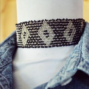 Vintage Peyote Stitch Beaded Chocker Set Black Silver Bracelet